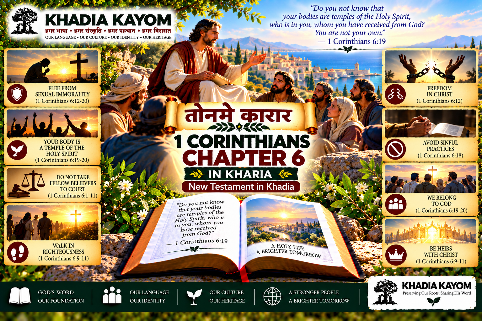 1 Corinthians Chapter 6 in Kharia Bible, तोनमे कारार, featuring biblical teachings on holiness, freedom in Christ and the temple of the Holy Spirit.