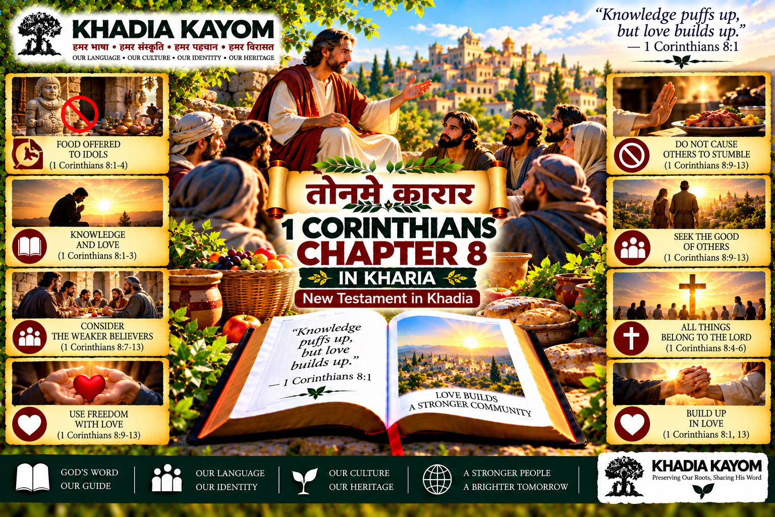 1 Corinthians Chapter 8 in Kharia Bible, तोनमे कारार, illustrating biblical teachings on knowledge, love, food offered to idols and respecting the conscience of others.