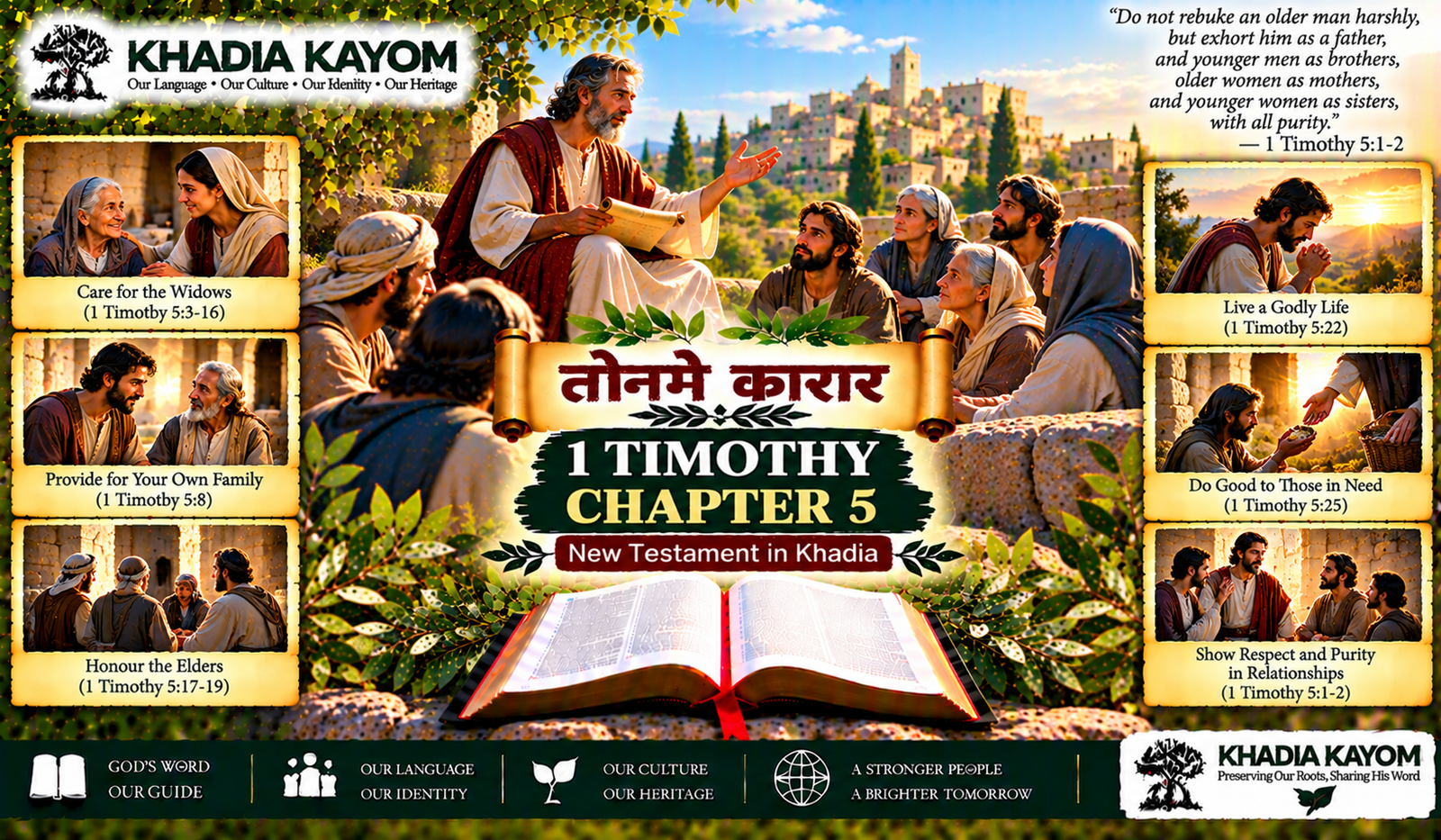 1 Timothy Chapter 5 in Kharia &ndash; तोनमे कारार, New Testament in Khadia, illustrating care for widows, respect for elders, family support, and godly living.