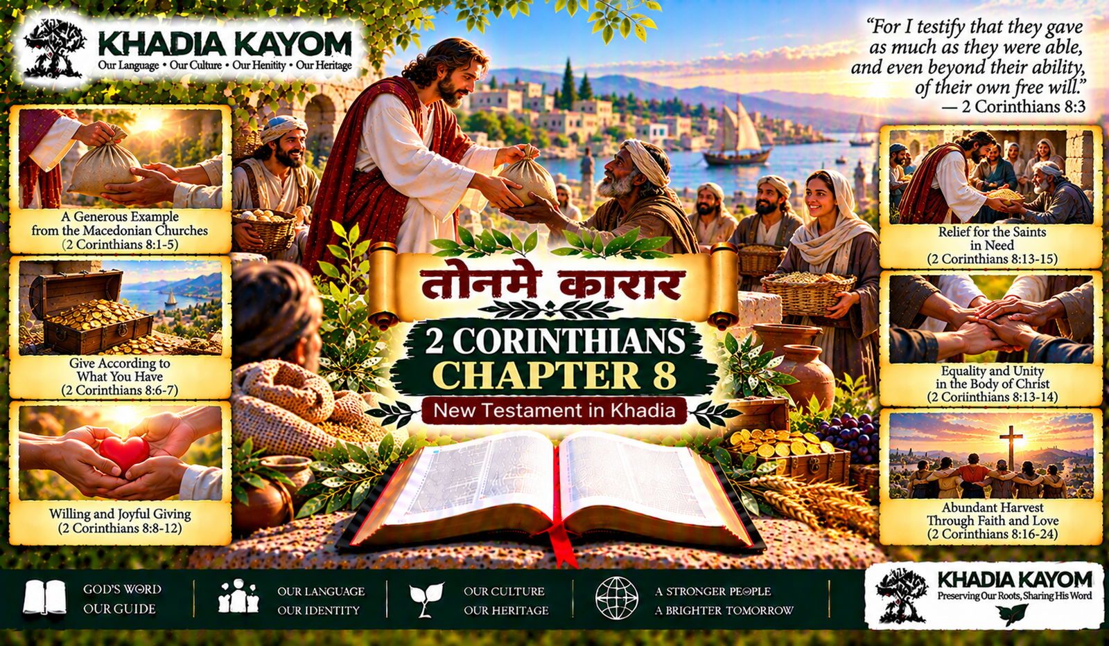 2 Corinthians Chapter 8 in Kharia &ndash; तोनमे कारार, New Testament in Khadia, illustrating generosity, joyful giving, helping the needy, and unity among believers.