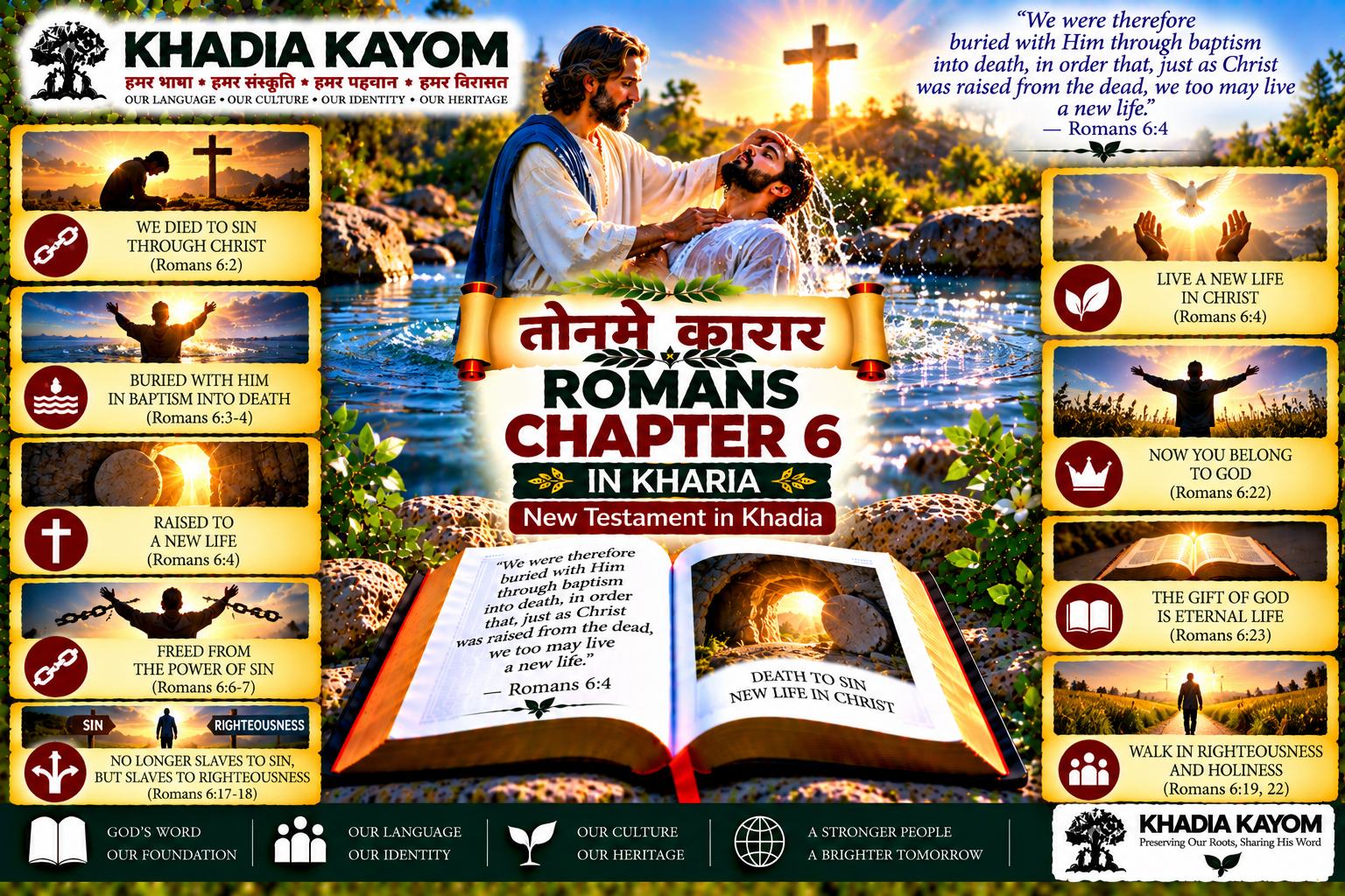 Romans Chapter 6 in Kharia Bible, तोनमे कारार, illustrating baptism, freedom from sin, new life in Christ, righteousness and eternal life.