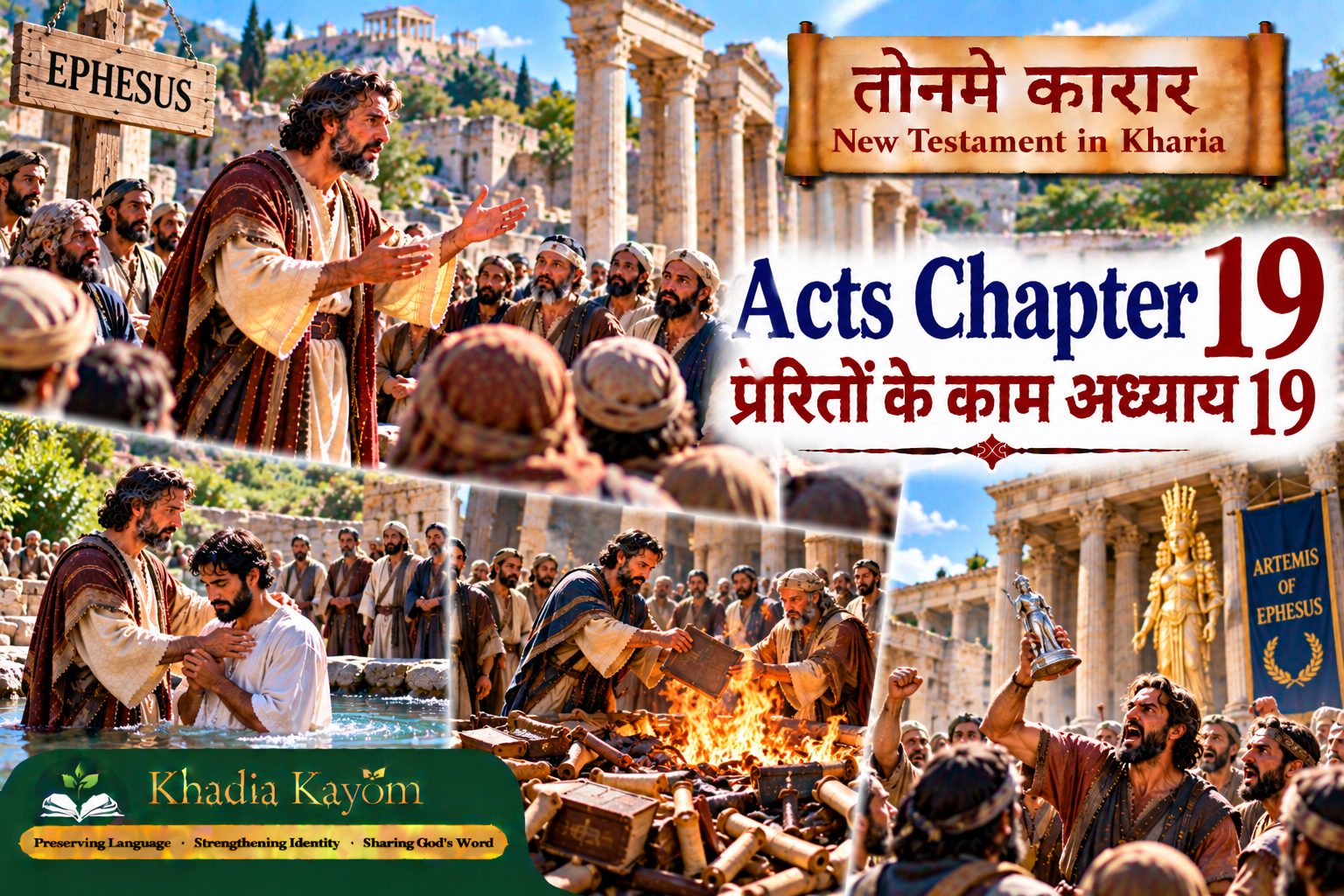 Acts Chapter 19 in Kharia &ndash; Paul Preaches in Ephesus, Believers Burn Magic Scrolls, and a Riot Erupts