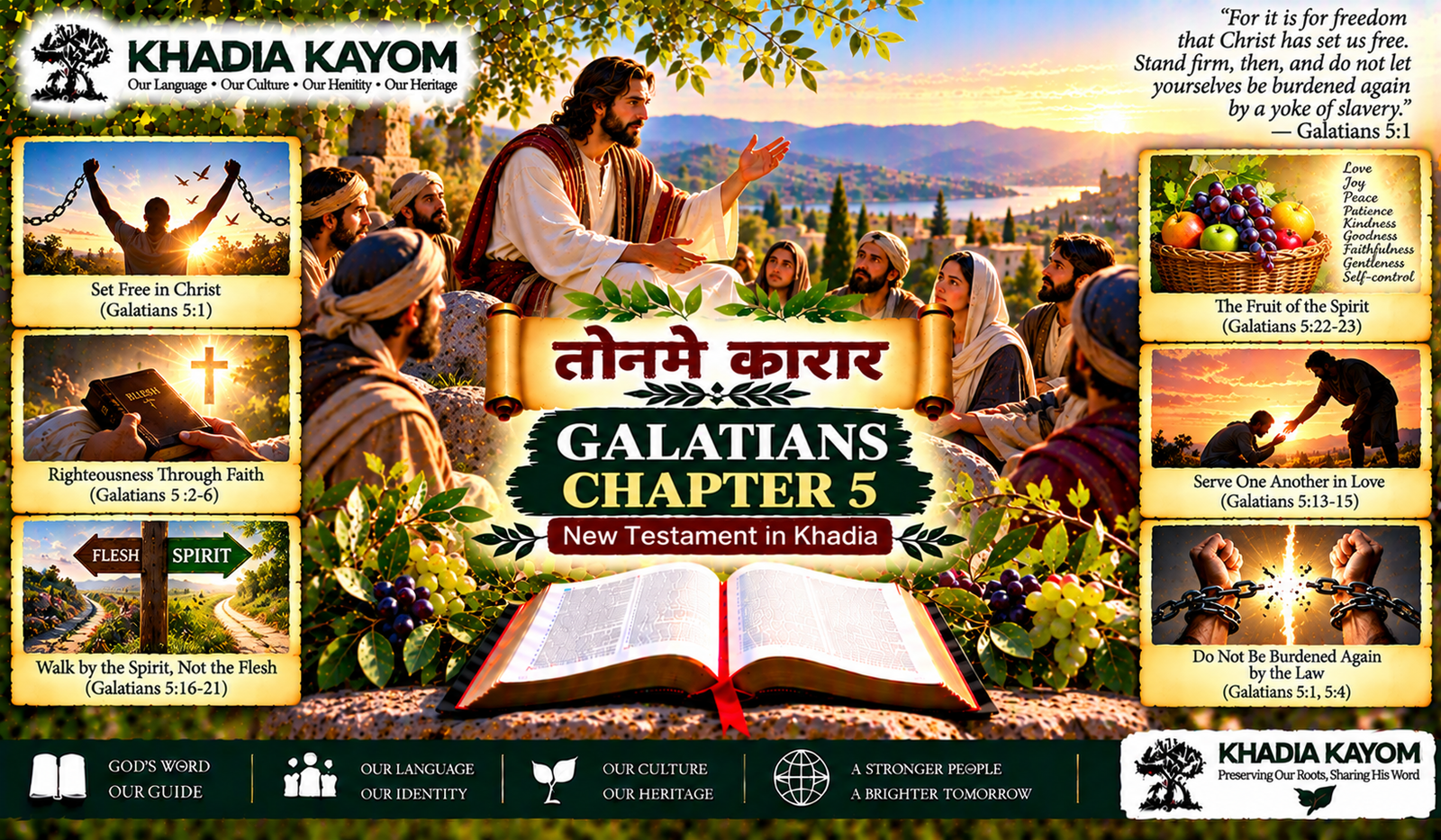 Alt Text: Galatians Chapter 5 in Kharia (तोनमे कारार), featuring freedom in Christ, walking by the Spirit, and the Fruit of the Spirit.