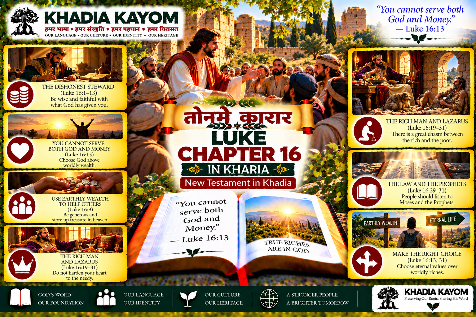 Luke Chapter 16 in Kharia Bible, तोनमे कारार, illustrating faithful stewardship, wealth, generosity, the rich man and Lazarus, and choosing God over money.