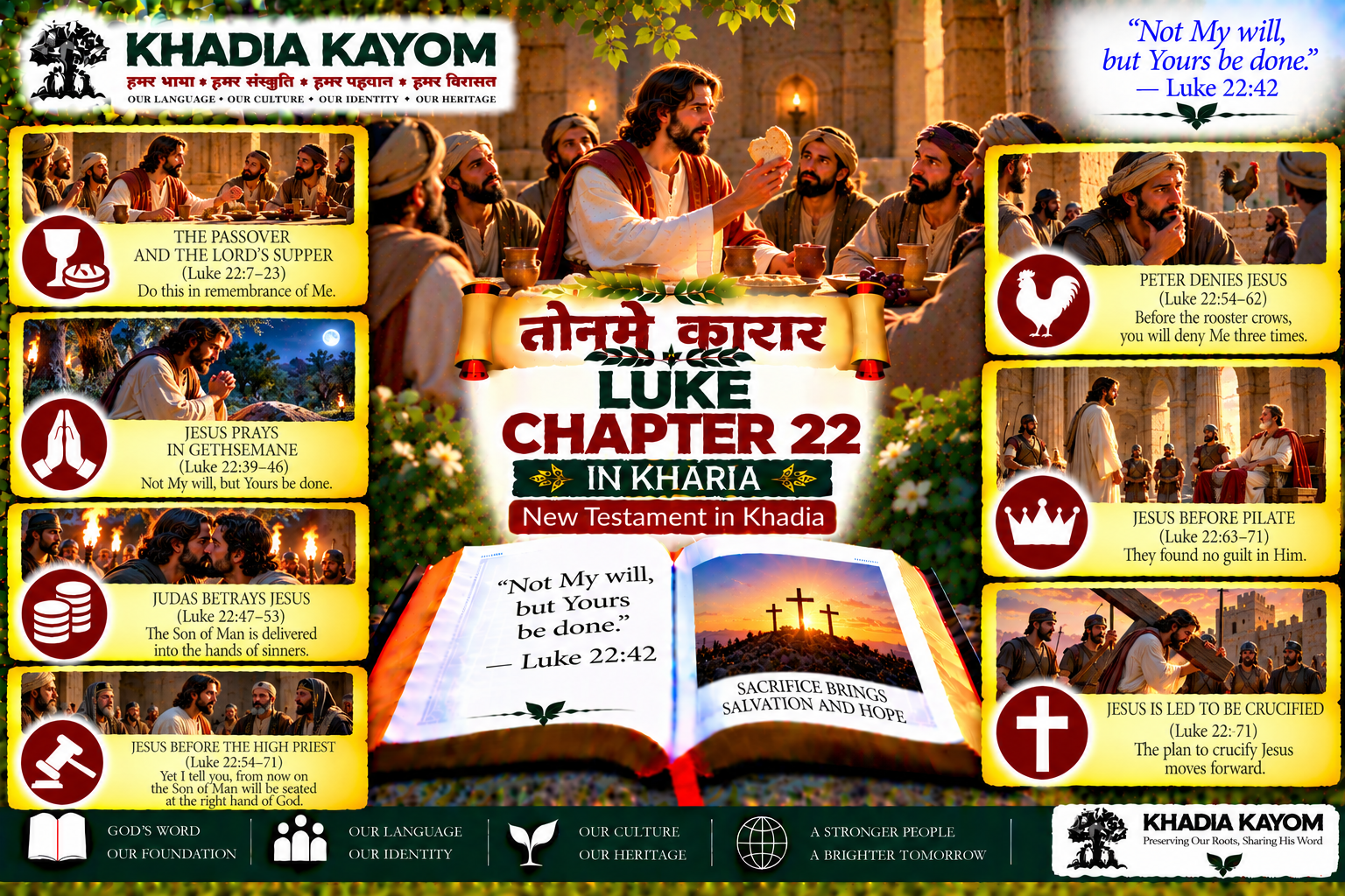 Luke Chapter 22 in Kharia Bible, तोनमे कारार, illustrating the Last Supper, Jesus praying in Gethsemane, Judas&rsquo; betrayal, Peter&rsquo;s denial and Jesus&rsquo; trial before His crucifixion.
