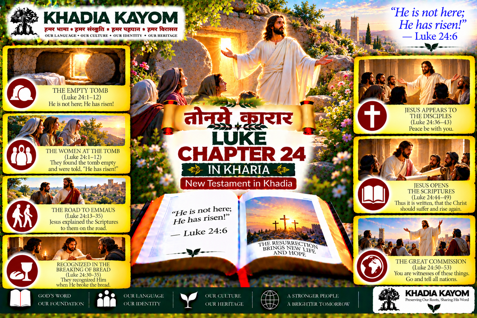Luke Chapter 24 in Kharia Bible, तोनमे कारार, illustrating the empty tomb, Jesus' resurrection, the road to Emmaus, Jesus appearing to His disciples and the Great Commission.