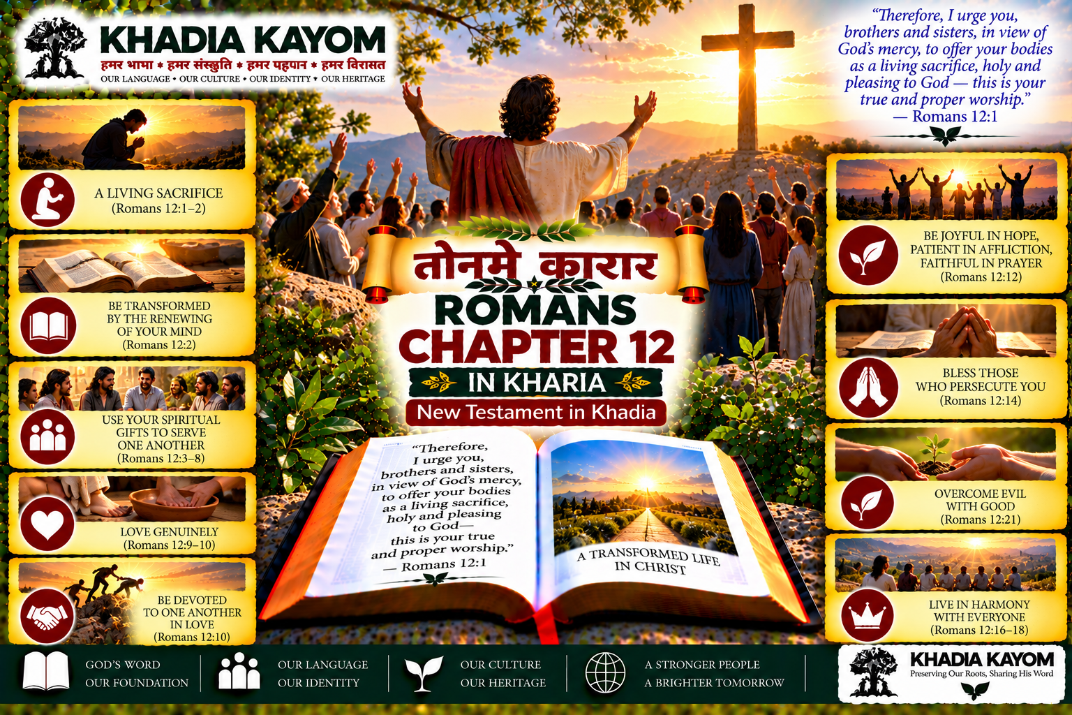 Romans Chapter 12 in Kharia Bible, तोनमे कारार, illustrating a living sacrifice, renewal of the mind, spiritual gifts, Christian love, prayer and overcoming evil with good.