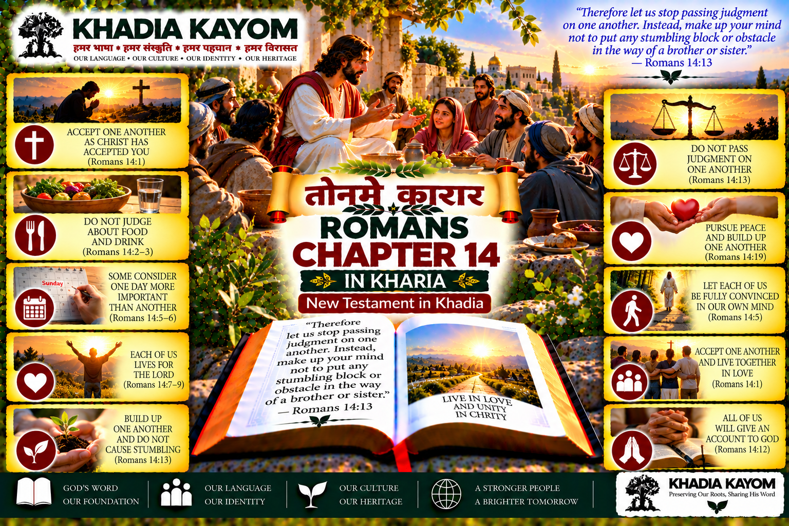 Romans Chapter 14 in Kharia Bible, तोनमे कारार, illustrating acceptance, Christian freedom, avoiding judgment, pursuing peace and building up one another.