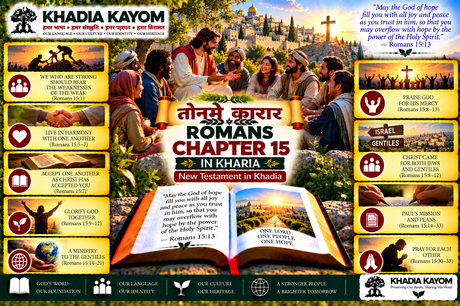 Romans Chapter 15 in Kharia Bible, तोनमे कारार, illustrating Christian unity, bearing one another's burdens, hope, acceptance, praise and sharing the Gospel.