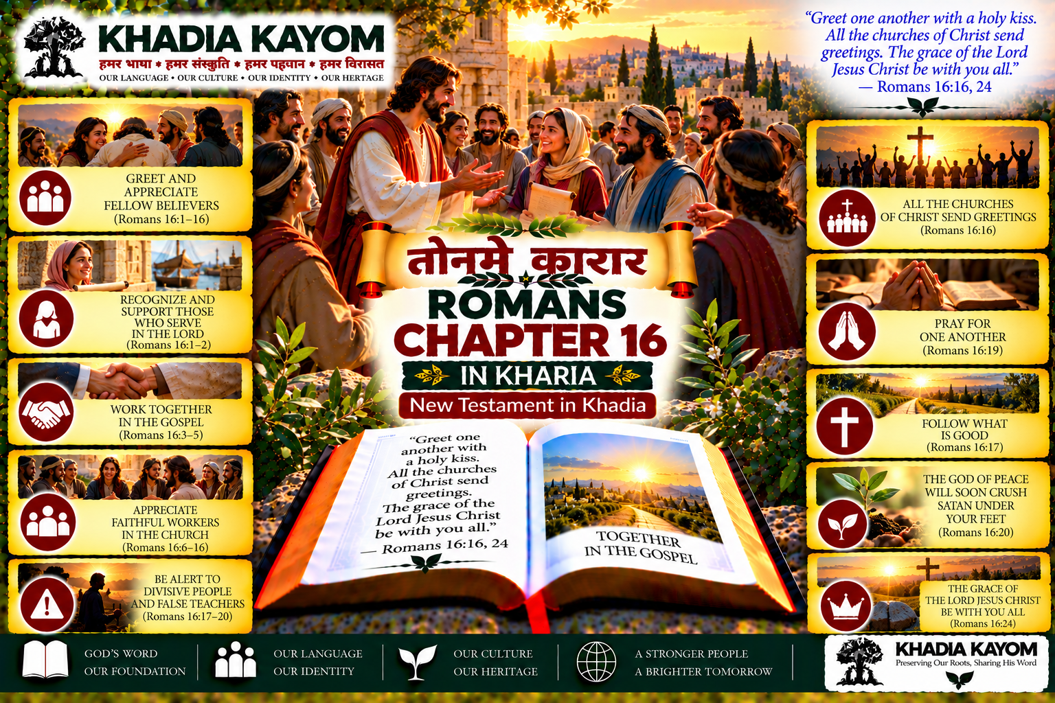 Romans Chapter 16 in Kharia Bible, तोनमे कारार, illustrating Christian fellowship, greetings, faithful workers, unity, prayer and serving together in the Gospel.