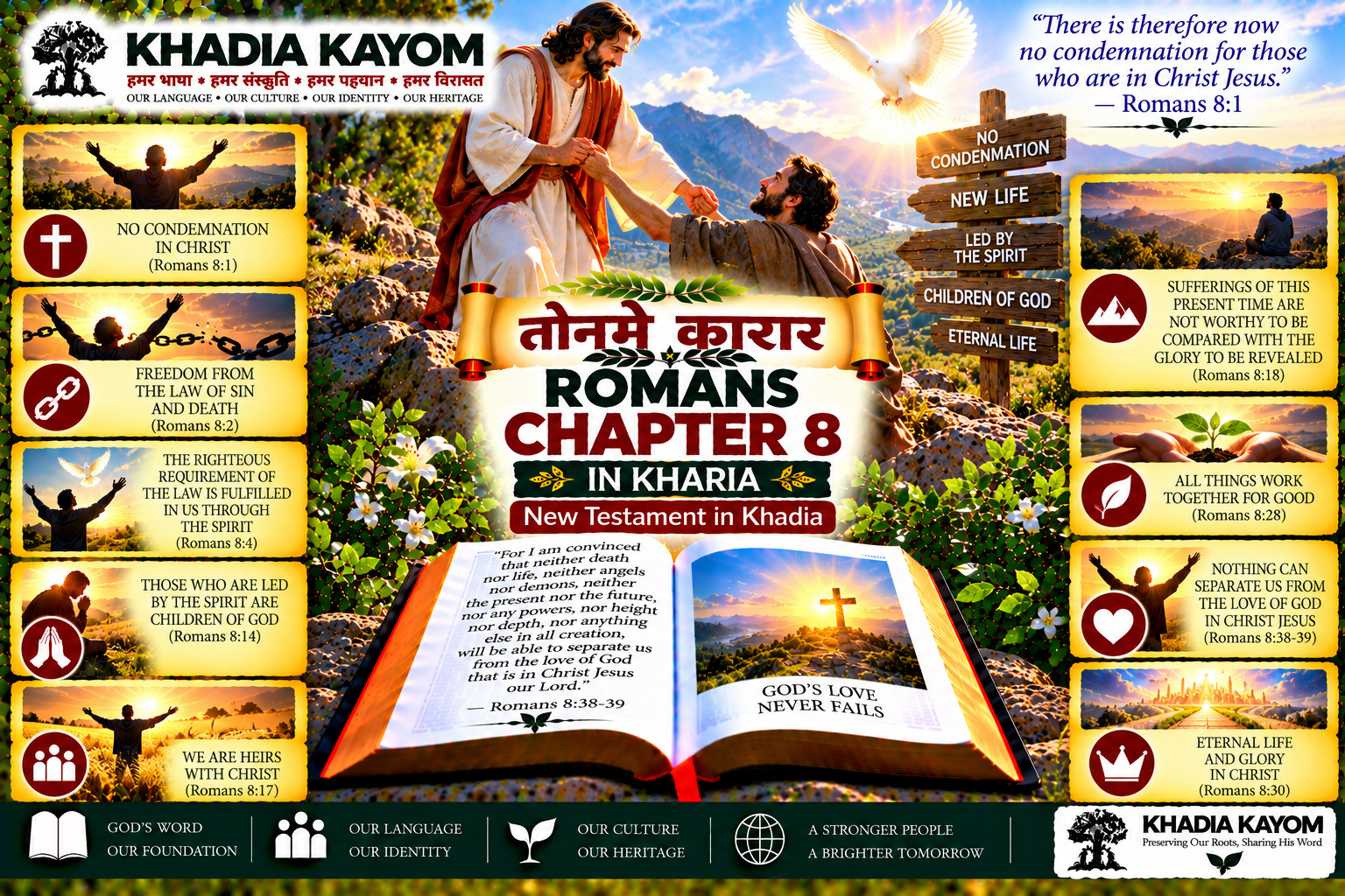 Romans Chapter 8 in Kharia Bible, तोनमे कारार, illustrating life through the Holy Spirit, freedom from condemnation, adoption as God's children and God's everlasting love.