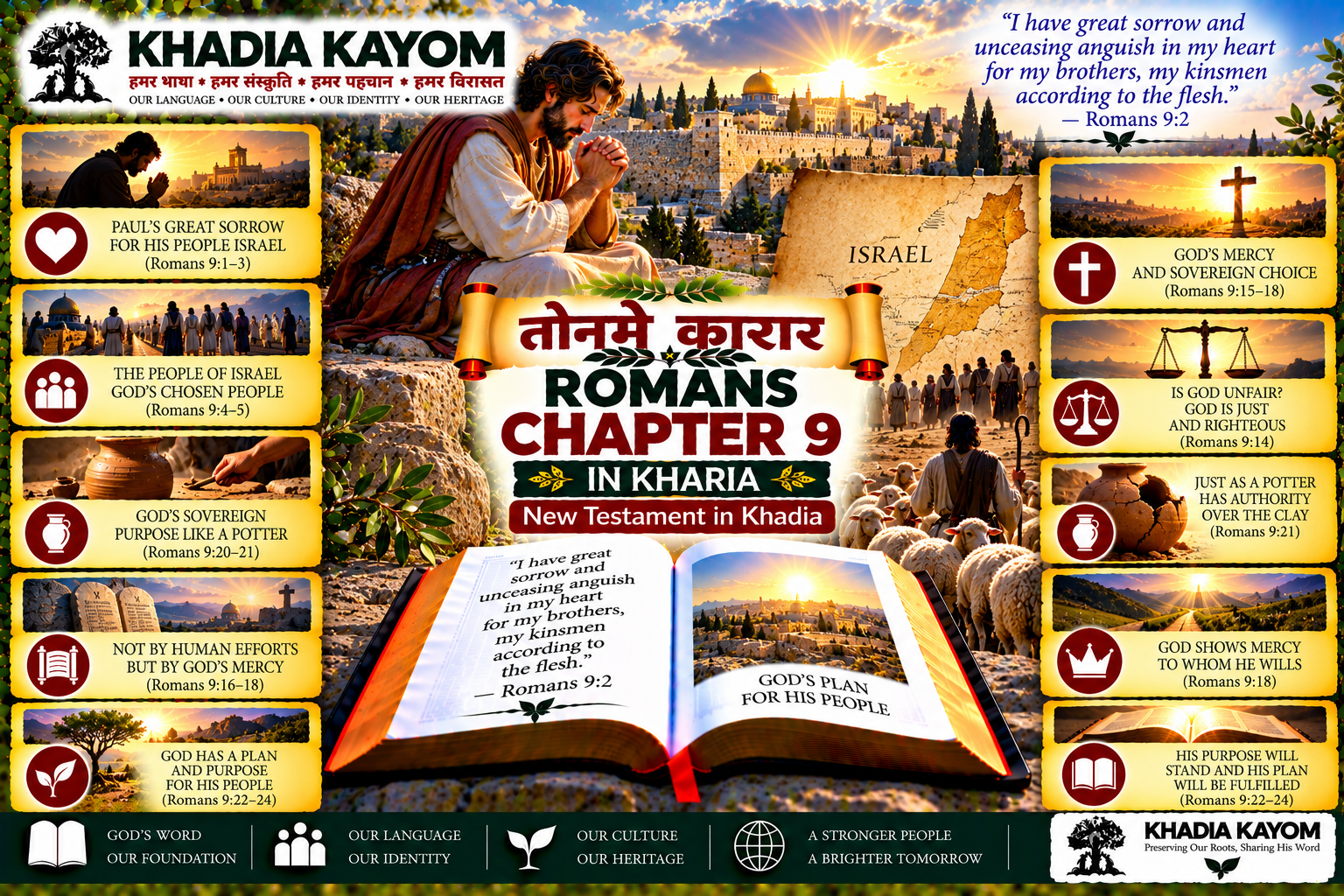 Romans Chapter 9 in Kharia Bible, तोनमे कारार, illustrating God's mercy, sovereign purpose, Israel's calling and His righteous plan for His people.